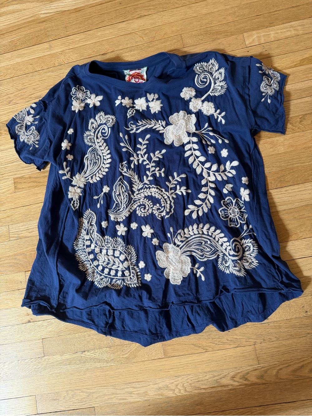 Johnny Was Navy Short Sleeve Top with Cream Floral Embroidery